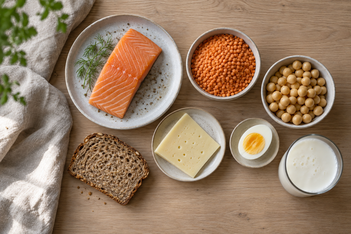 Vanlig mat med protein: lax, linser, kikärter, ost, ägg, fil och fullkornsbröd